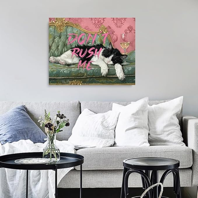 Pveror Funny Cat Wall Art Canvas Dont Rush Me Sleeping Black White Cat Painting - Image 9