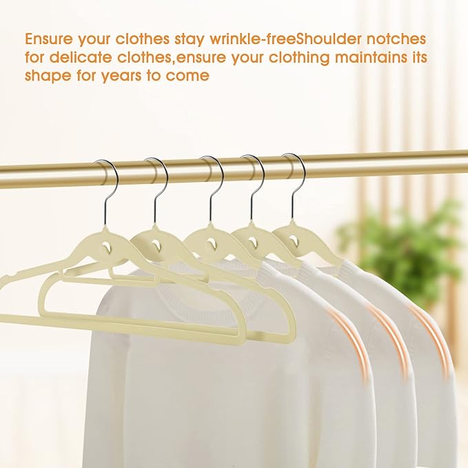 Velvet Clothing Hangers Slim Stackable Non-Slip Beige Suit Hanger Space Saving - Image 5