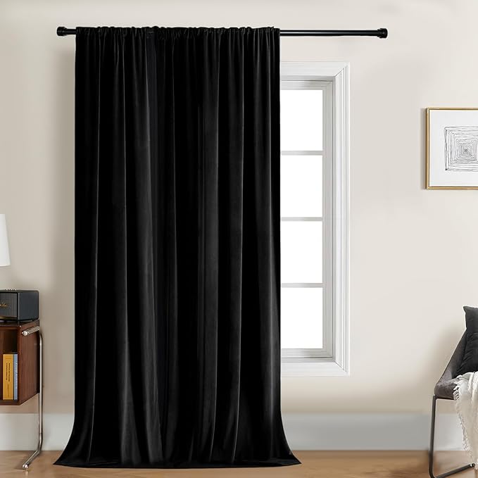 Joydeco Velvet Curtains 96 inch 1 Panel, Long Luxury Black Blackout Thermal by JOYDECO