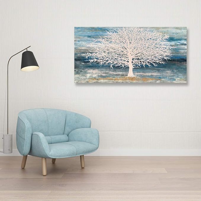 White Tree Canvas Wall Art Large Teal Blue Decor Textured Painting Print - Image 8