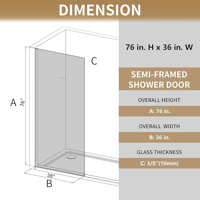 36"x76" Fixed Glass Shower Door, Single Mirror Privacy 3/8" Thick Tempered Glass - Image 3