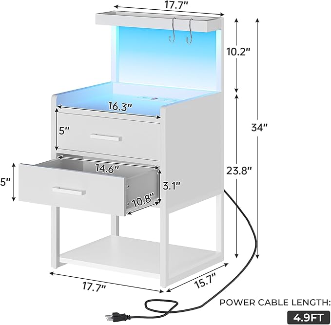 VIAGDO Nightstand with Charging Station and LED Lights, Modern End Side Tables - Image 2