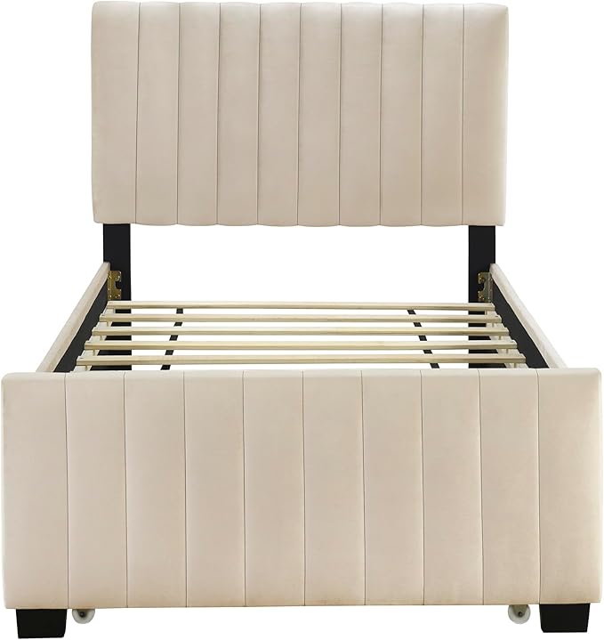 Twin Size Bed Frame with Trundle Bed, Velvet Upholstered Bed Frame, Twin Size - Image 5