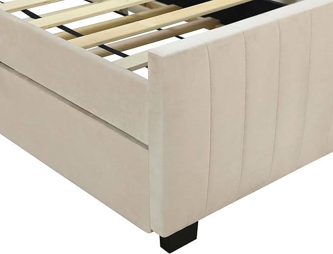 Twin Size Bed Frame with Trundle Bed, Velvet Upholstered Bed Frame, Twin Size - Image 9