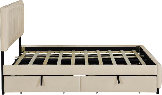 Queen Bed Frame with Trundle Bed, Velvet Upholstered Platform Bed Frame with - Image 9