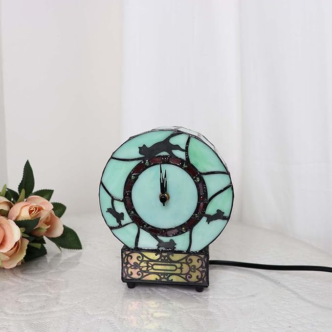 Bieye L10970 Cat and Mouse Tiffany Style Stained Glass Desk Clock Table Lamp - Image 3