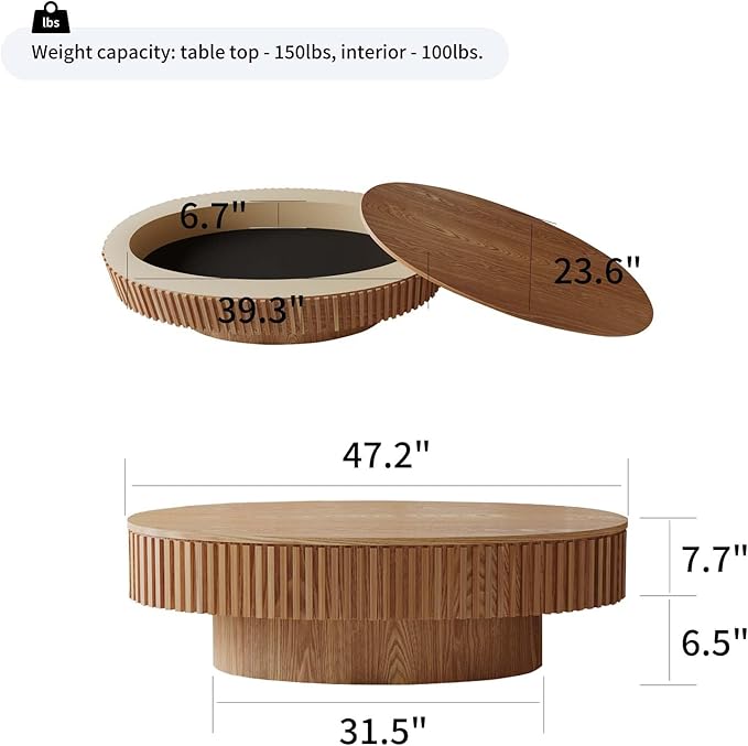 Oval Coffee Table with Storage, Modern Wooden Coffee Table with Solid Wood - Image 2