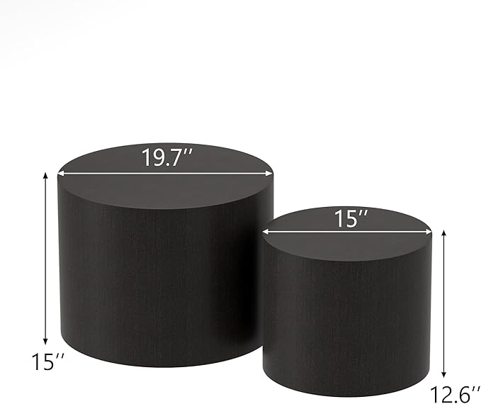 Nesting Coffee Table Set of 2, Round Wood Black Coffee Tables Modern Circle - Image 2