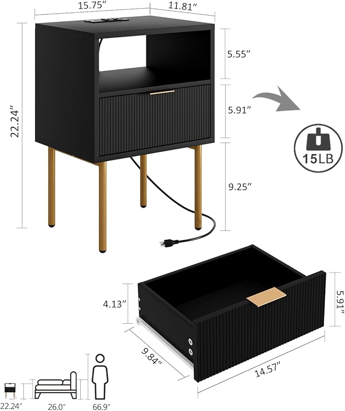 Masupu Nightstand with Charging Station, Mid-Century Modern Bedside Table with - Image 2