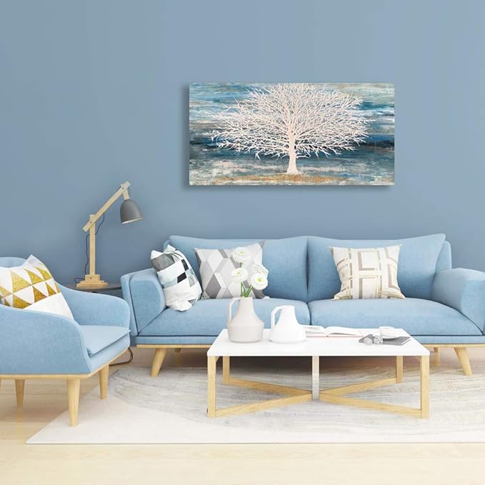 RICHSPACE ARTS Modern Tree Canvas Wall Art Teal Blue and White Pictures Large - Image 7