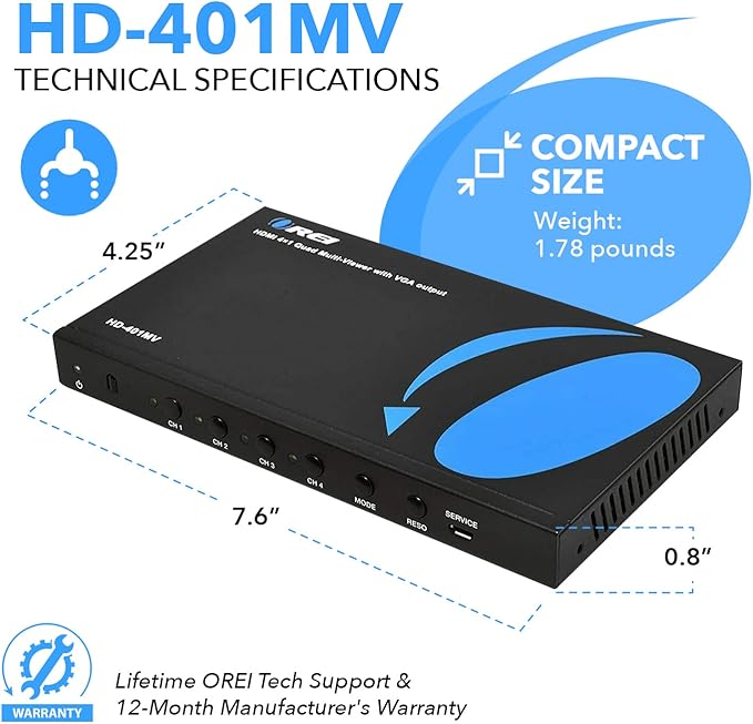 Quad Multi Viewer 4 in 1 Out by OREI HDMI Switcher 4 Ports Seamless Switcher - Image 6