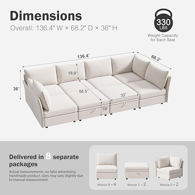 ABCASA 136.4" Oversized Modular Sectional Sleeper Sofa Bed, U Shaped - Image 2