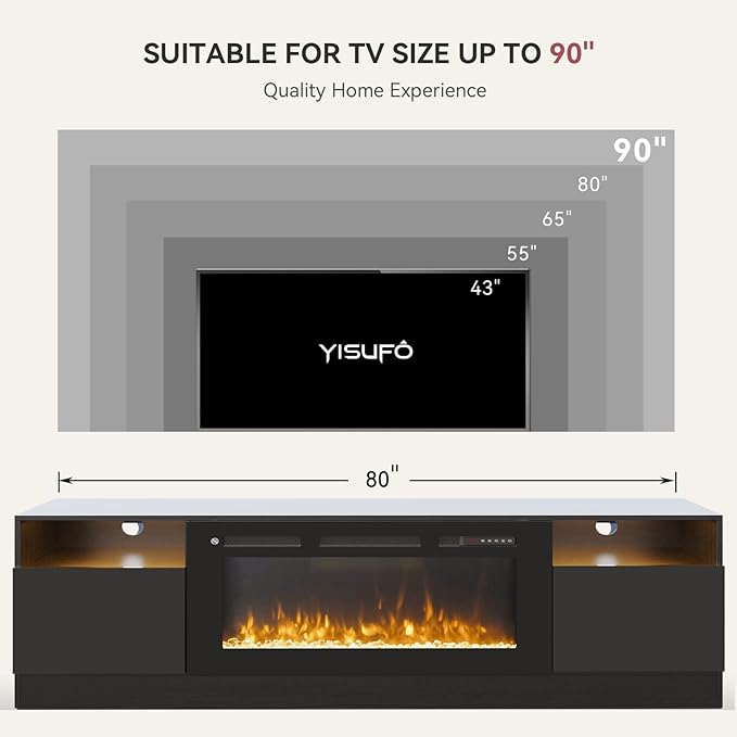 YISUFO 80” TV Stand with 36” Electric Fireplace, Large Modern Media - Image 8
