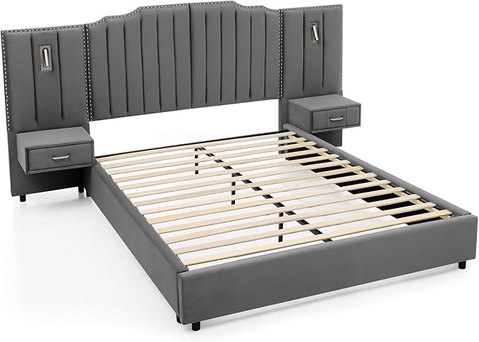 Luxury Queen Bed Frame with Headboard and Storage, Velvet Fabric Upholstered - Image 7