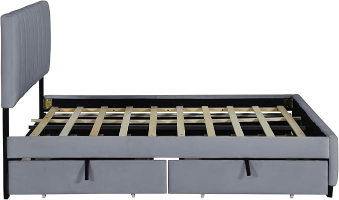 Queen Bed Frame with Trundle Bed, Velvet Upholstered Platform Bed Frame with - Image 8