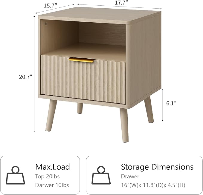 CARPETNAL Fluted Nightstand, Wood End Table Mid Century Night Stands - Image 2