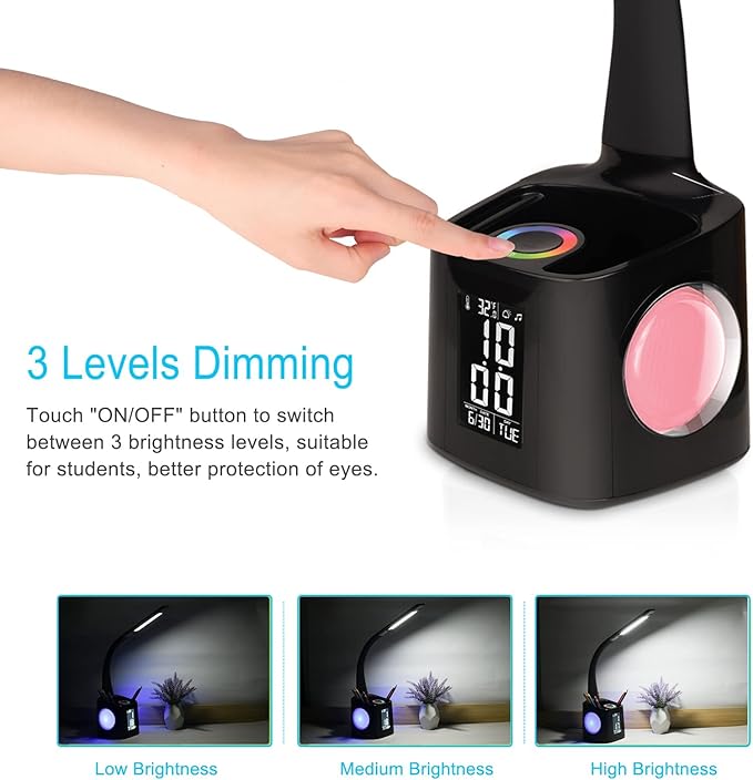 wanjiaone LED Desk Lamp with Clock, Color Changing Nightlight, Study Lamp with - Image 5