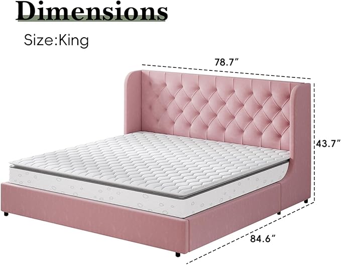 HOMBCK Pink King Size Bed Frame, Upholstered Platform Bed Frame - Image 2
