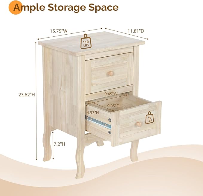 Bonnlo Nightstands Set of 2, Solid Wood Nightstand Unfinished - Image 2