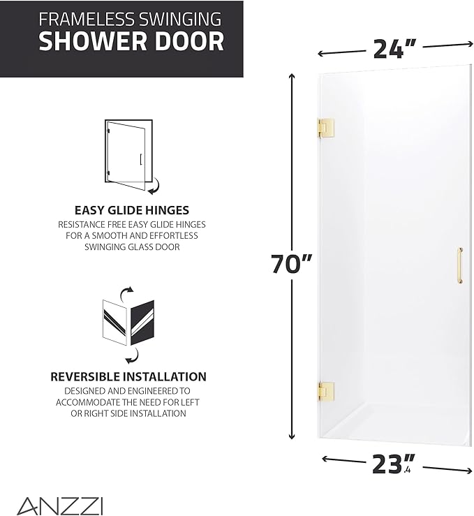 ANZZI 70" x 24" Frameless Shower Door in Brushed Gold, Water Repellent Glass - Image 5