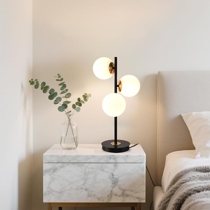 3-Light Black and Gold Table Lamp, Milk White Glass Globe Table Lamp - Image 7