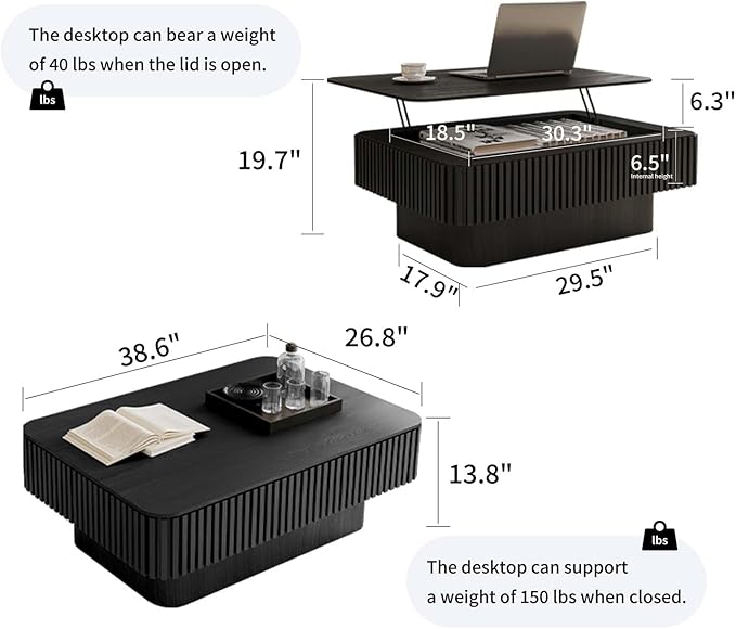 Lift Top Coffee Table with Storage, Solid Wood Coffee Table with Adjustable - Image 3