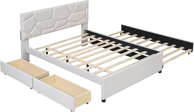Full Size Bed Frame with Twin Size Trundle and 2 Storage Drawers, Linen - Image 4