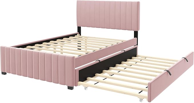 Full Bed Frame with Trundle Bed, Velvet Upholstered Platform Bed Frame - Image 7