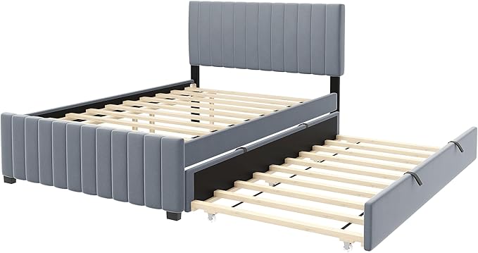 Full Bed Frame with Trundle Bed, Velvet Upholstered Platform Bed Frame - Image 7