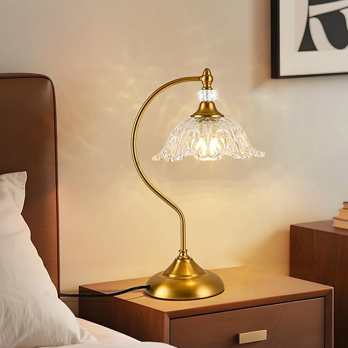 Vintage Table Lamp with a Floral Clear Glass Shade, A Plug-in Nightstand Lamp - Image 9