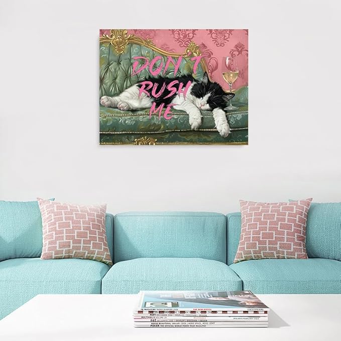Pveror Funny Cat Wall Art Canvas Dont Rush Me Sleeping Black White Cat Painting - Image 4