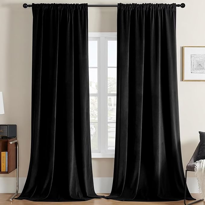 Joydeco Black Velvet Curtains 90 inch Length 2 Panels, Luxury Blackout Rod by JOYDECO