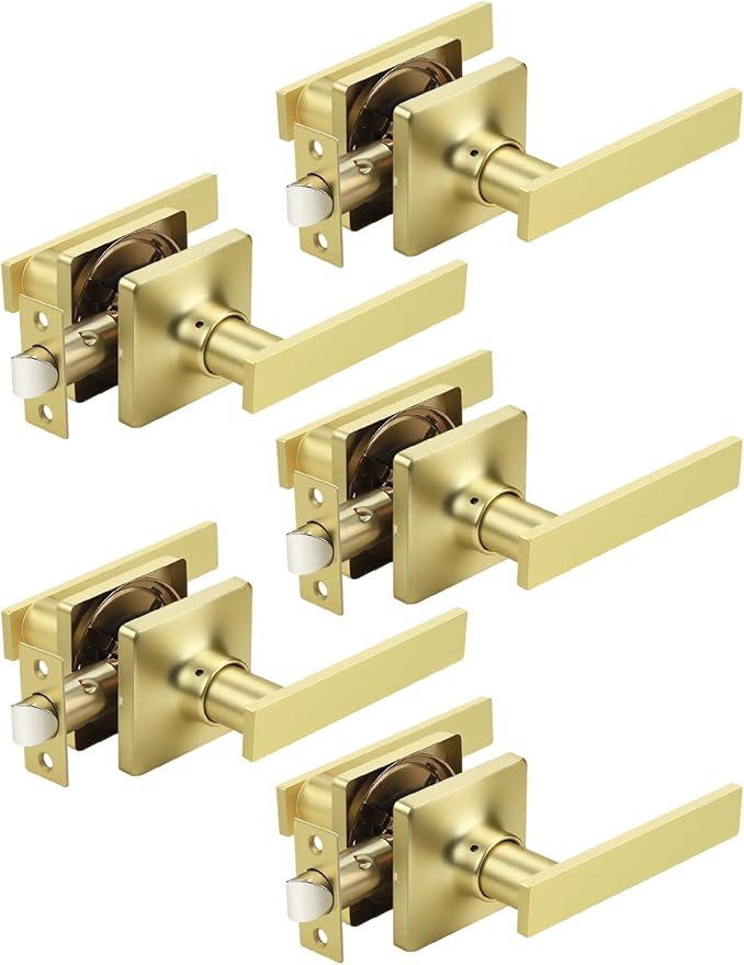 Mengico 5 Pack Passage Door Levers Gold Finish, No-Locking Keyless Square Door by Mengico