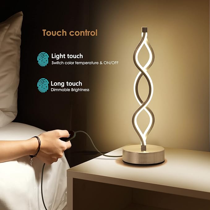 NUÜR Infinity Spiral LED Table Lamp Silver, Dimmable Metallic Bedside Lamp - Image 4