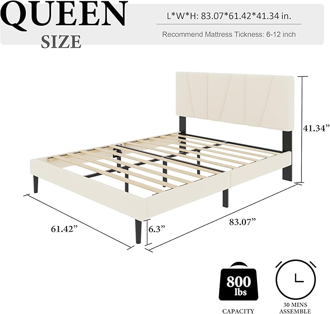 Queen Size Bed Frame with Fabric Upholstered Headboard, Platform Bed with - Image 2