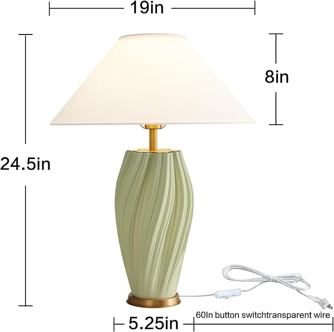 Modern Large Ceramic Table Lamps 24.5", Sage Green Plug in Table Lamp Decorative - Image 8
