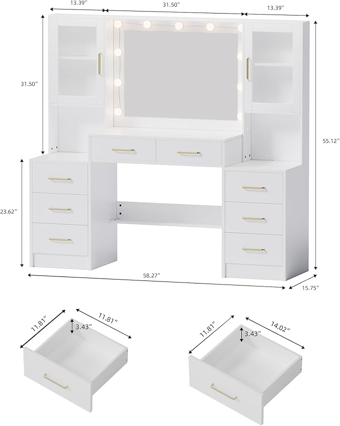 58.3”Vanity Desk with Mirror and Charging Station, Bedroom Dressing Table - Image 3