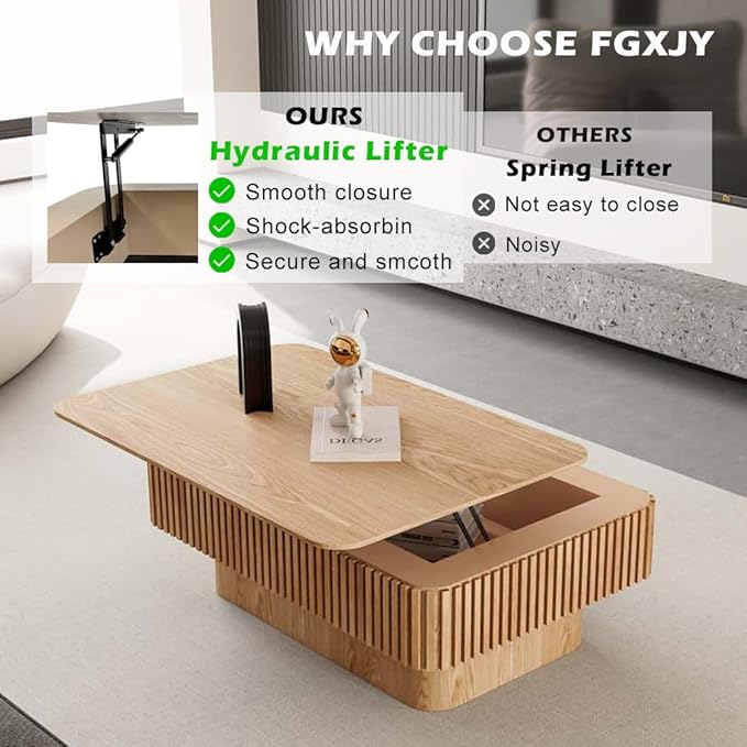 Lift Coffee Table with Storage & Adjustable Height, Solid Wood Coffee Table - Image 7