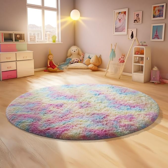 Ophanie Round Rugs 4Ft Rainbow Circle Area Rug, Colorful Unicorn Bedroom Dorm by Ophanie