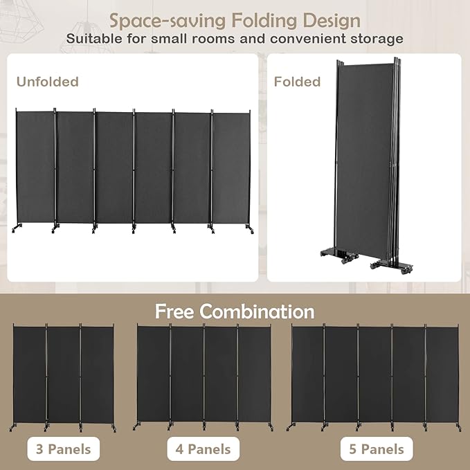 GOFLAME 6 Panel Folding Room Divider, 6FT Rolling Privacy Screen - Image 3