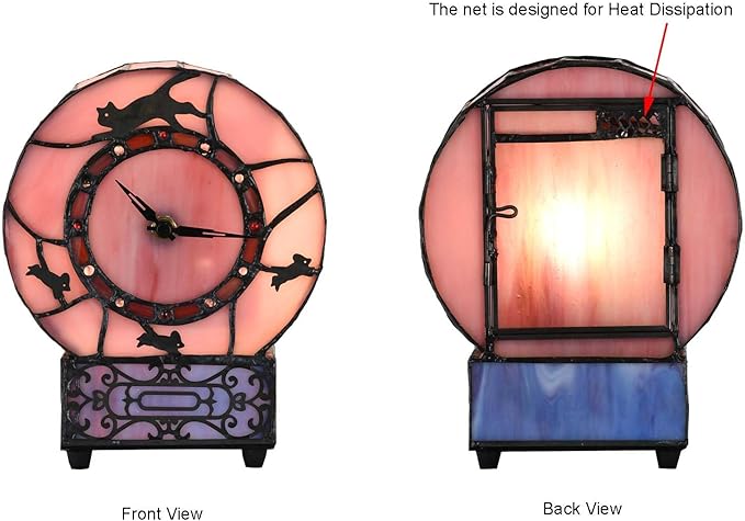 Bieye L10911 Cat and Mouse Tiffany Style Stained Glass Desk Clock Table Lamp - Image 3