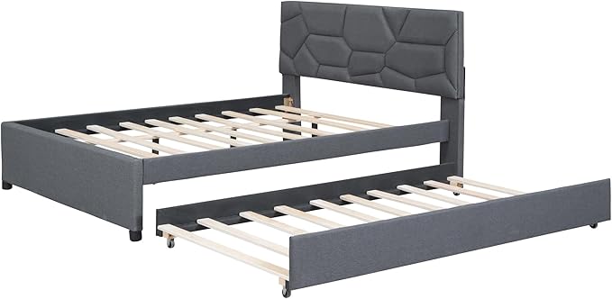 Full Size Bed Frame with Twin Size Trundle, Linen Upholstered Platform Bed - Image 10