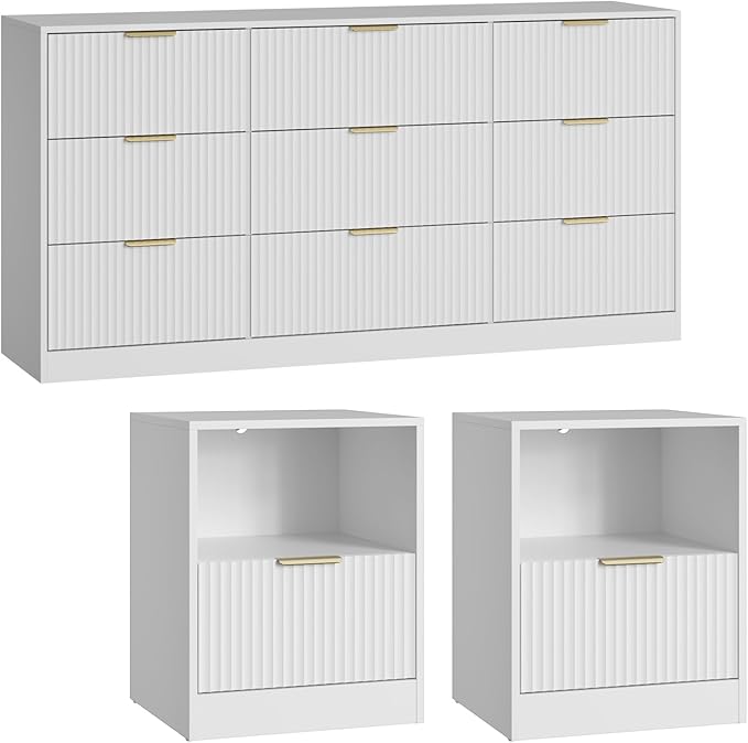 9 Drawer Dresser & Nightstand Set 3-Piece, 63” Wide Bedroom Set Night Stand Set - Image 8