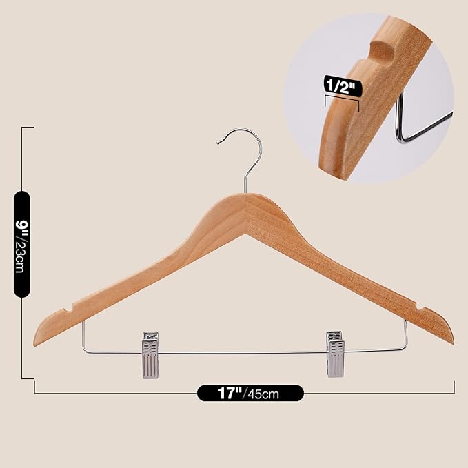 Wooden Hangers with Clips 12 PCS Pants Hangers with Clips, Smooth Solid Wooden - Image 7