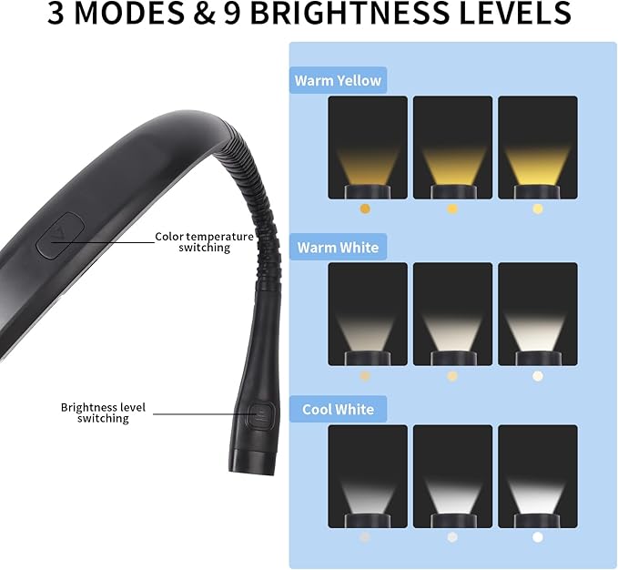 Book Light, 3-Color & 9-Brightness Reading Light, Bendable Neck Light, 80-hr - Image 6