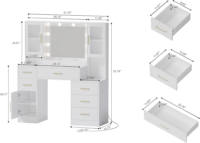 51" Vanity Desk with Mirror and Lights & Charging Station, Bedroom Dressing - Image 3