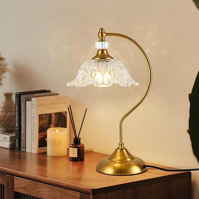 Vintage Table Lamp with a Floral Clear Glass Shade, A Plug-in Nightstand Lamp - Image 8