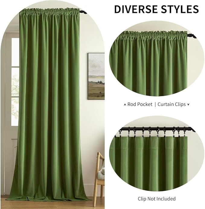Joydeco Green Velvet Curtains 120 inch 2 Panel, Room Darkening Super Soft - Image 2