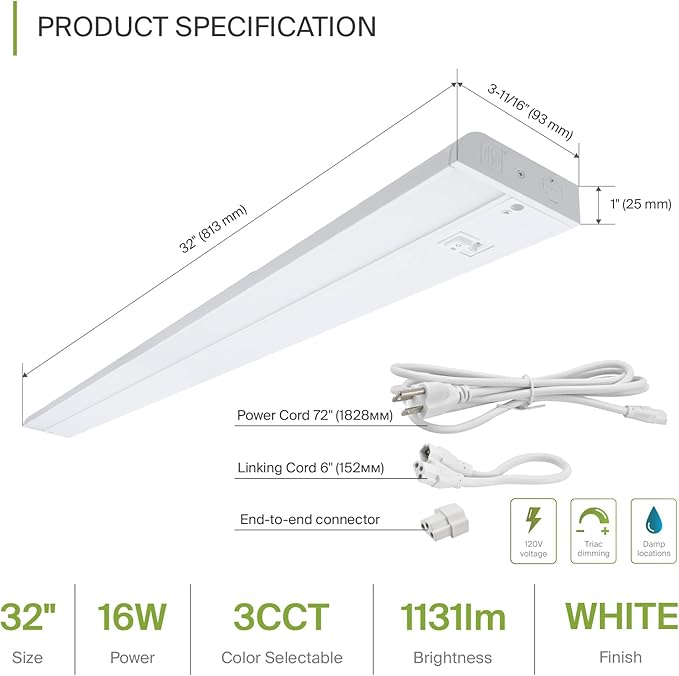 ASD 32 Inch LED Under Cabinet Lighting Plug in or Hardwired, High/Low/Off Switch - Image 2