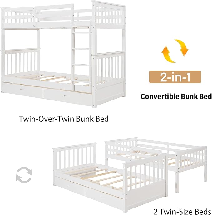 Merax Wood Bunk Bed with Drawers, Convertible Bunk Bed with Ladders and Two - Image 5